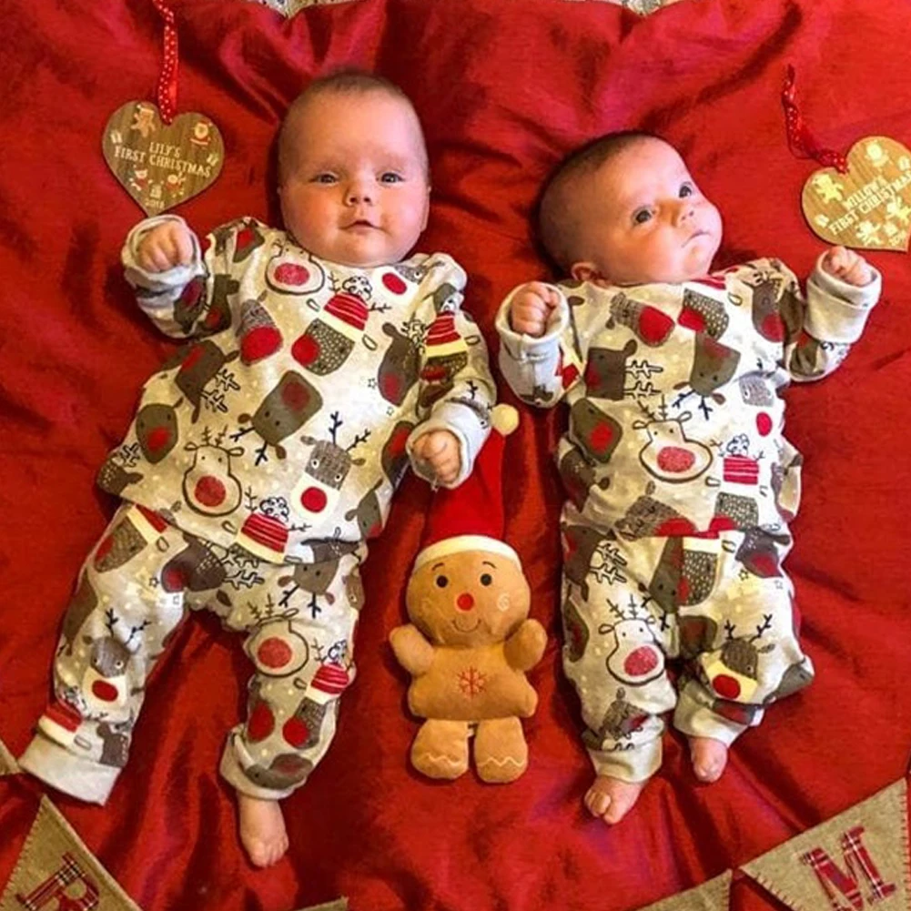 Рождественская Пижама для новорожденных мальчиков и девочек, Рождественская Ночная Пижама, Пижамный набор для детей 0-24 месяцев