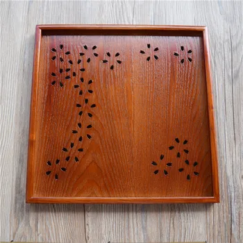 

Square Cherry Blossoms Hollow Out Tea Tray Trencher Plate Japanese Woodiness Tray Disc