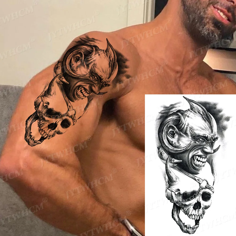 

Skull Demon Temporary Tattoo For Men Women Children Skeleton King Dragon Hourglass Black Tattoo Sticker Fake Bat Adults Tattos