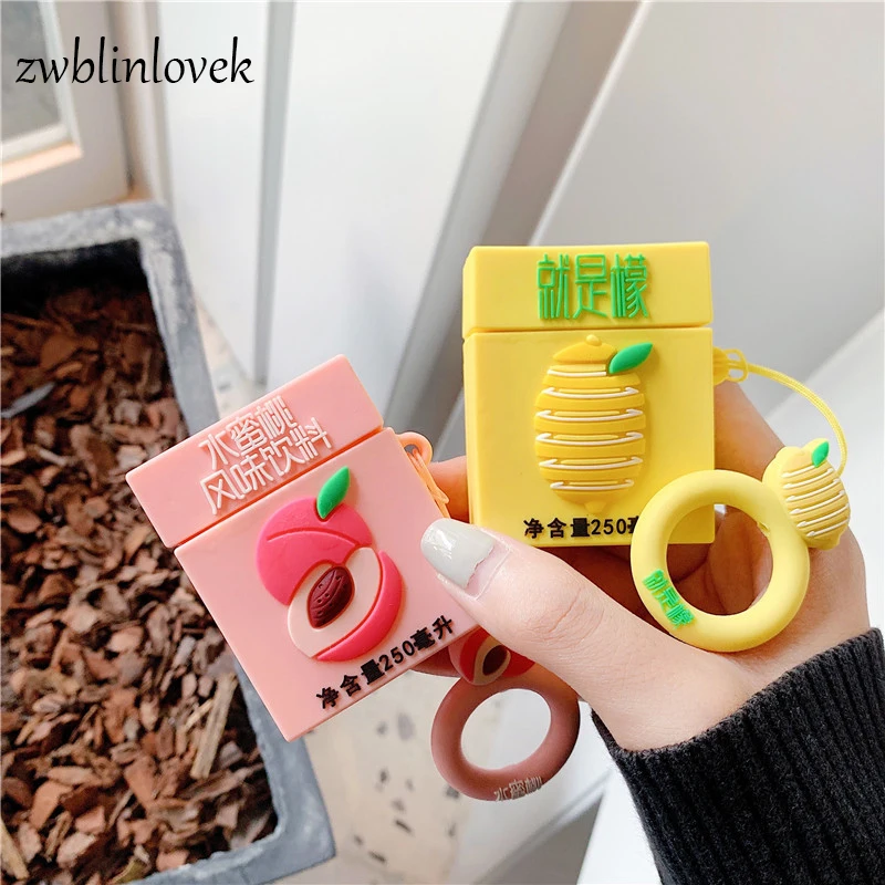 

Cute Drink Lemon Peach Keychain Wireless Bluetooth Silicone Case For Airpods Cover Air Pods Earphone Cases Keyring Christmas
