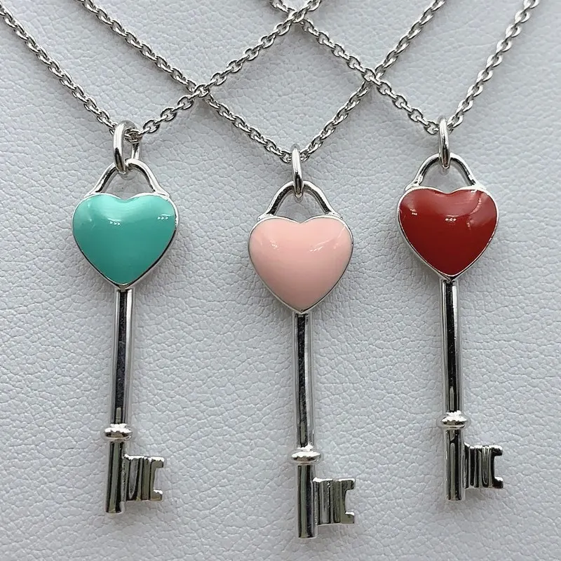 

Fashion Original 1: 1 925 Sterling Silver Heart-Shaped Key Pendant Necklace Women Logo Classics Enamel Jewelry Valentines Gift