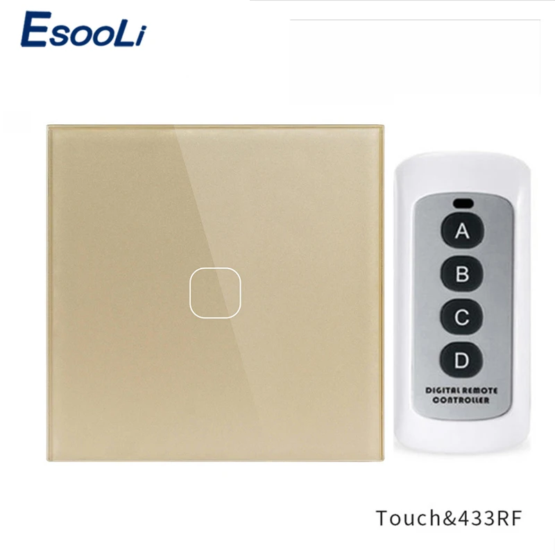 1 Gang Gold Remote Esooli ЕС стандарт 1 банда 2 банды 1 способ дистанционное управление переключатель Роскошный Кристалл Стекло нормальный сенсорный переключатель держатель - Цвет: 1 Gang Gold Remote