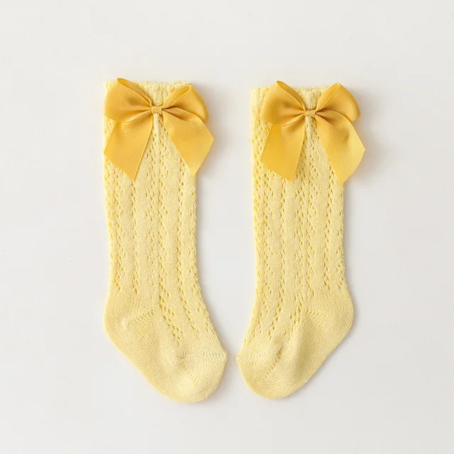 0-7 Years Summer Kids Socks With Bow Baby Girls Long Sock Knee High Cotton Hollow Out Toddlers Socks Mesh Children Princess Sock Lemon
