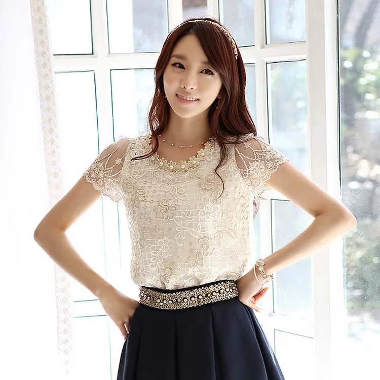 

New Autumn Summer 2019 Chiffon Lace Shirt Short Sleeve Mesh Shirt Elegant Beading Embroidered Tops Blouses Women Blouse Shirts