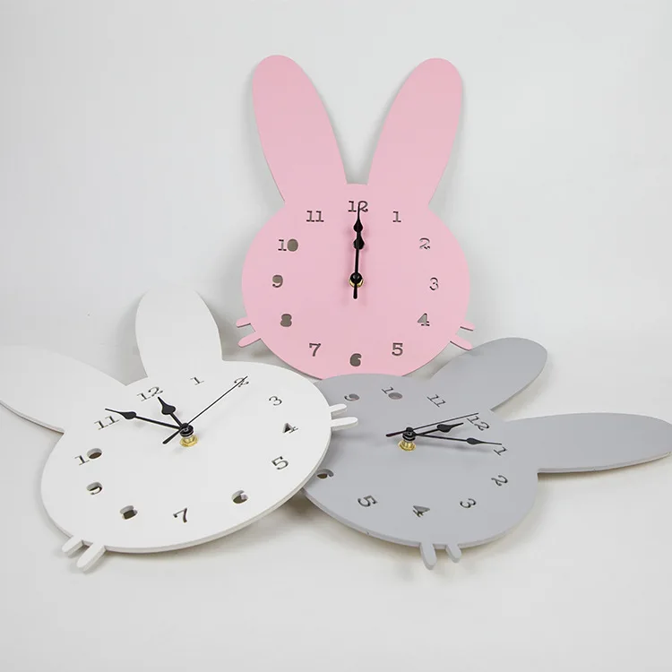 Rabbit Shaped Home Wall Clock Office Nordic Wooden Boys Girls Decoration Nursery 