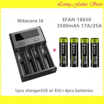 

4 pcs EFAN IMR 18650 3500mah 17A/25A rechargeable batteries with 1 pcs NITECORE NEW I4 lithium rechargeable battery charger