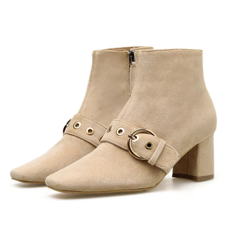 

TINGHON Buckle Decoration Ankle Boots for Women Elegant Faux Suede Martin Boots Women Square Toe Winter Shoes Women