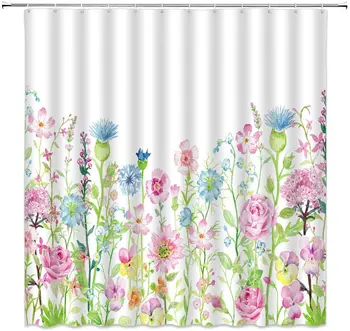 

Waterproof Fabric Shower Curtain Plant Watercolor Flowers Shower Curtain Home Bathroom Item Bathroom Shower Curtains &12 Hook