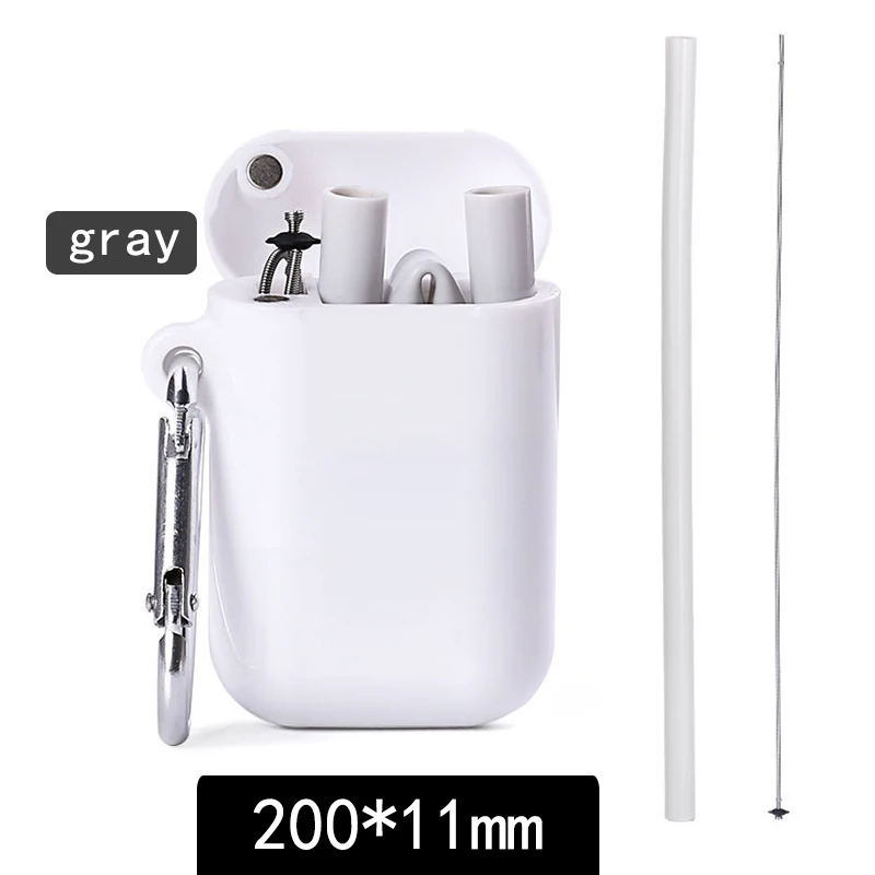 200x11mm grey Складные соломинки для питья, вечерние, для офиса, путешествий, с щеткой для чистки, чехол, портативные аксессуары для бара, многоразовые силиконовые соломинки - Цвет: 200x11mm grey