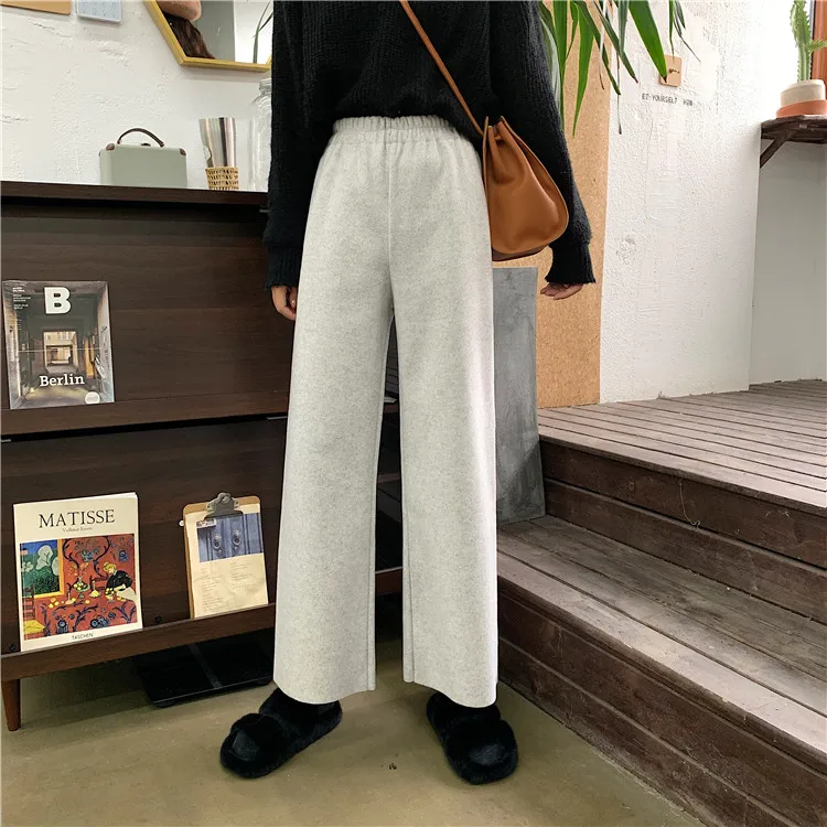 Элегантные корейские Pantalon с эластичной талией, Femme Hiver, теплые, плюс размер, повседневные, свободные, Осенние, широкие, шерстяные штаны, женская верхняя одежда