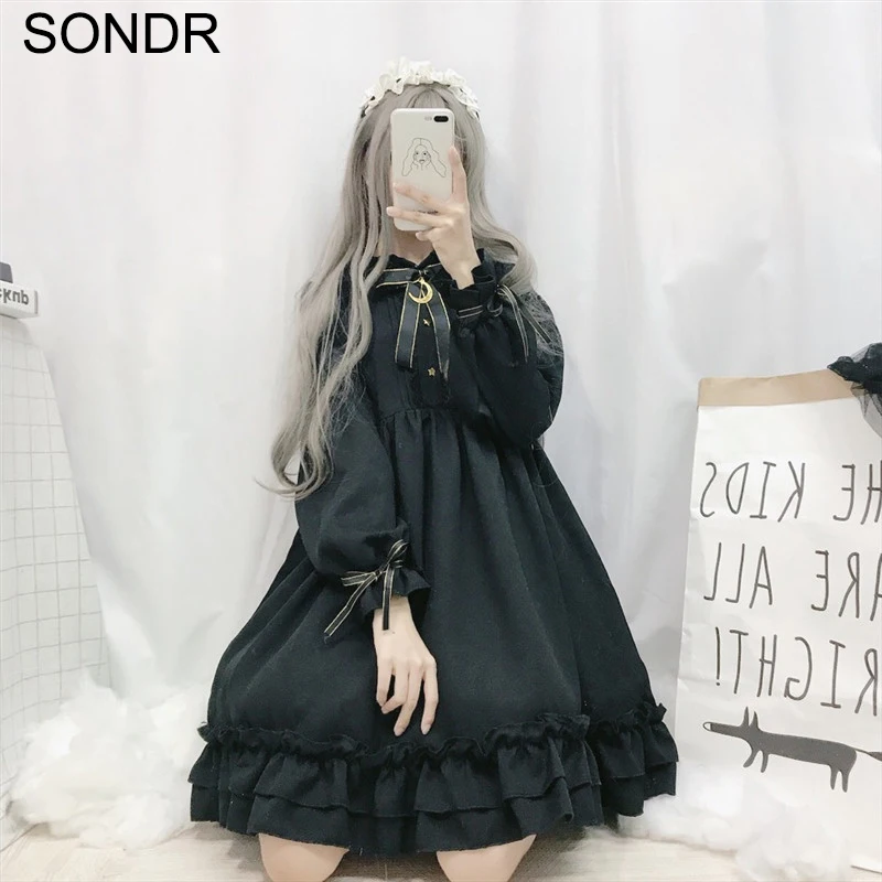

Kawaii Ruffled Lolita Autumn Women Dress Cute Bow Moon Soft Girl Wind Lolita Dresses Summer Women Vintage Retro Dark Dress 2020