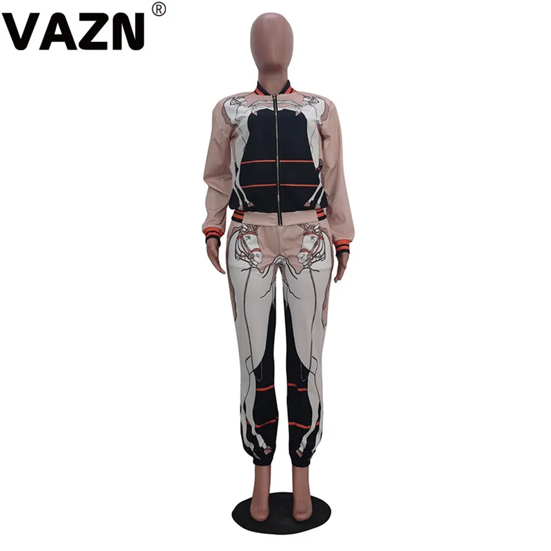 VAZN, осень, новая мода, винтажный принт, на молнии, с вырезом, цвет, 2 штуки, повседневный Женский комплект, полный рукав, полная длина, облегающий Женский комплект