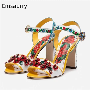 

Bohemian Style Printed Ankle Strap Sandals Women High Hoof Heel Sewing Red Flower Genuine Leather Crystal Summer Shoes Woman