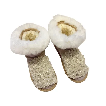 

Luxury Pearls Women Plush Snow Boots Cow Suede Ankle Boots 2020 Fashion Rhinestones Warm Fur Winter Shoes Woman Botas Mujer