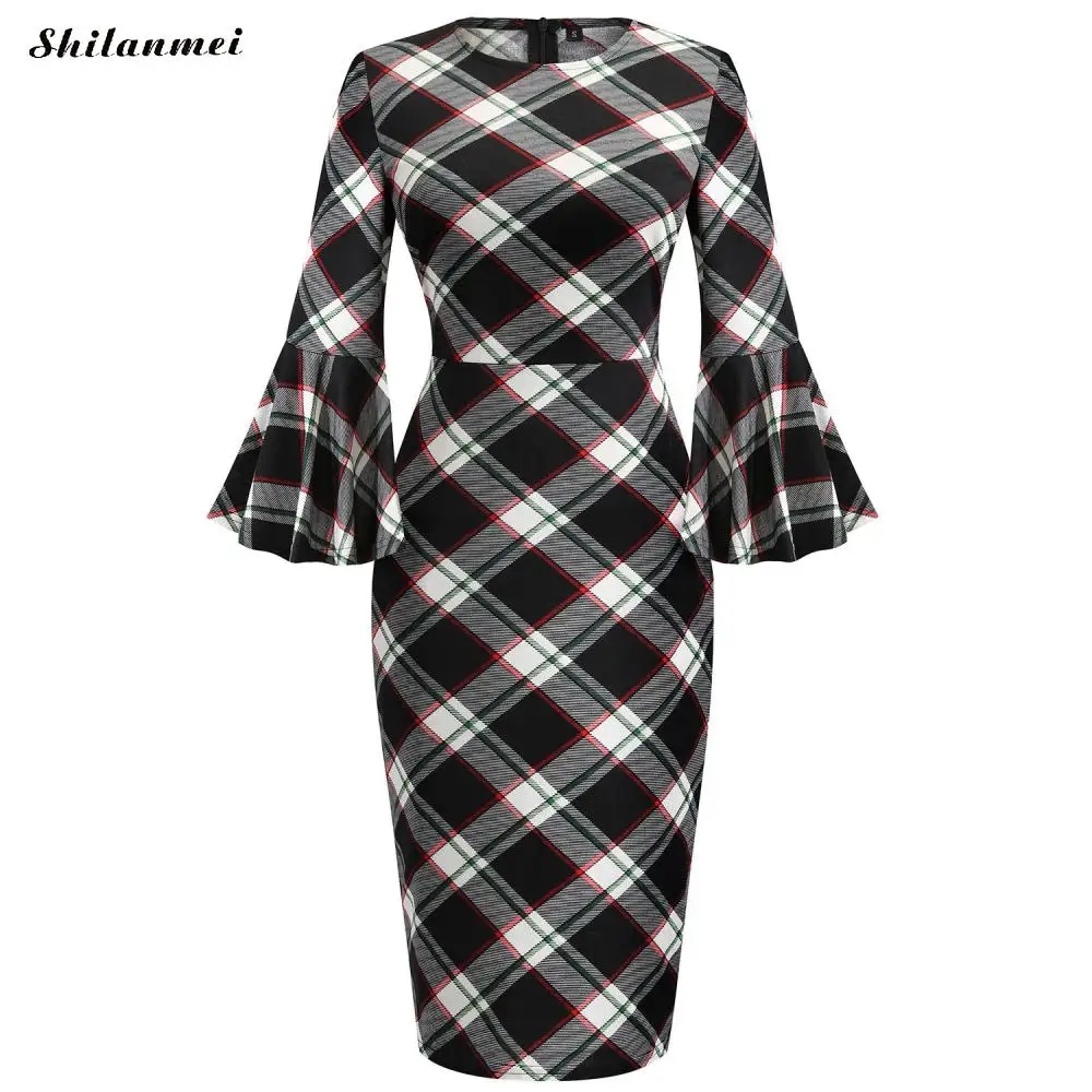 Elegant Vintage Floral Dress Women Autumn Winter Slim Christmas Dress O-Neck Flare Sleeve Bodycon Party Dress Vestidos 2xl