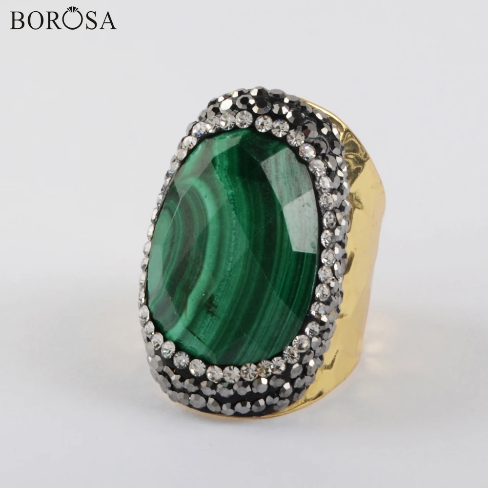 BOROSA кольцо с открытым молотком, натуральное малахитовое кольцо из золота и серебра, проложенные стразы, кольца для мужчин и женщин, Винтажное кольцо, ювелирное изделие JAB974 - Цвет основного камня: 5Pcs Gold Rings