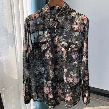

Women's Shirt Floral Printing Blouse Long Sleeve Turn Down Collar Sexy Tops with Double Pockets Early Autumn
