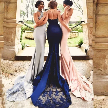 

Sexy Halter Mermaid Appliques Lace Long Bridesmaid Dresses Wedding Guest Dress Spaghetti Straps Backless Prom Gowns