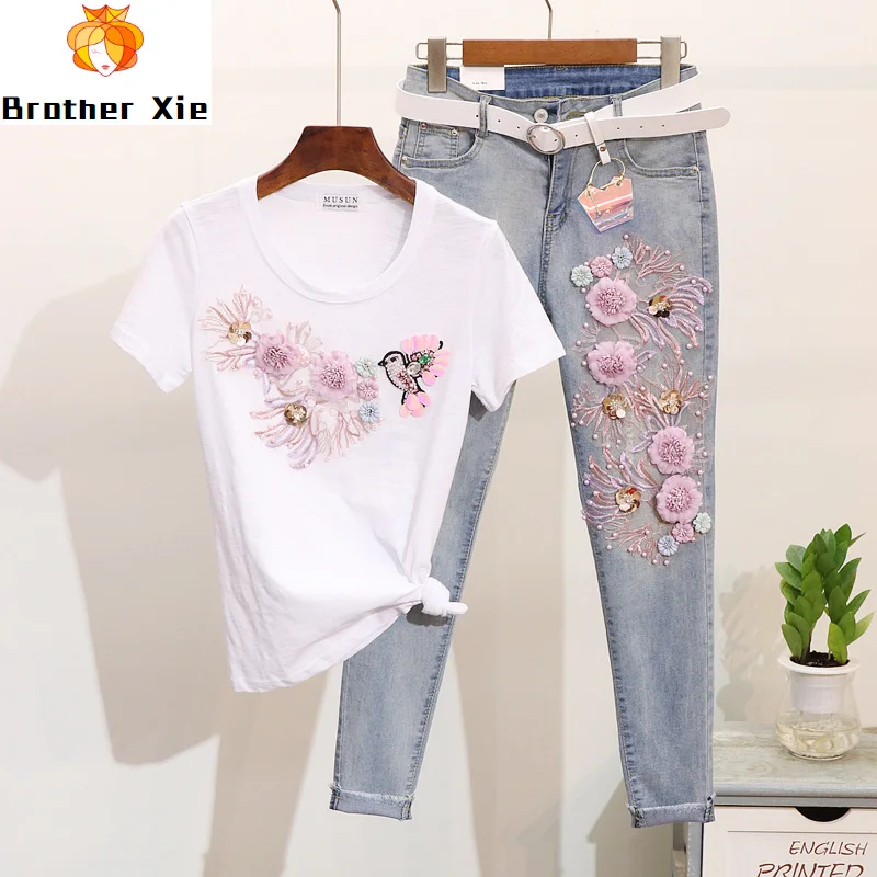 

Spring Women's New Sequins Embroidery Flowers Birds Cotton T Shirts + Vintage Jeans Two Piece Girl Students Denim Pants Suits