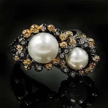 

Vintage 925 Sterling Silver Baroque Freshwater Pearls Rings for Women Black Gold Filled Cocktail Fine Jewelry Ring