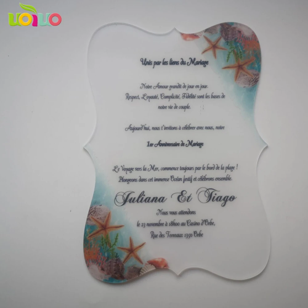 

2019 hot sale custom personalized printing clear acrylic wedding invitation starfish card,printed starfish envelope match DIY