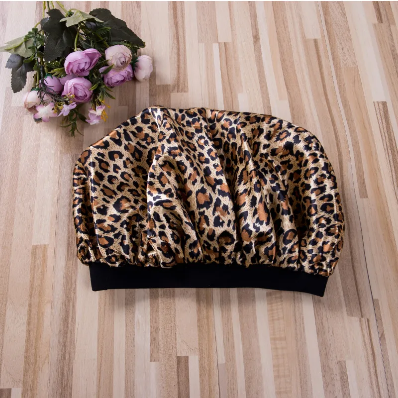 leopard Новое поступление, шапочка для сна, женская, Цветочная, шелковая, атласная, ночная, шапка, головной убор, шелковая, головной убор, широкий, эластичный бини - Цвет: leopard