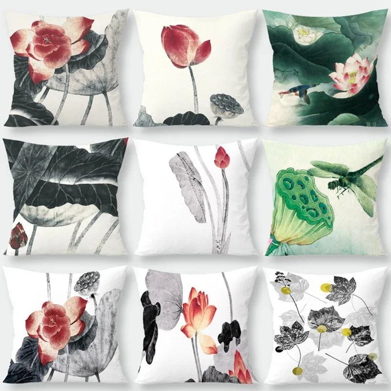 Best Vintage Style Decorative Throw Pillows Lotus Flower Polyester Seat Retro Cushion Cover For Sofa Home Decor Funda Cojines