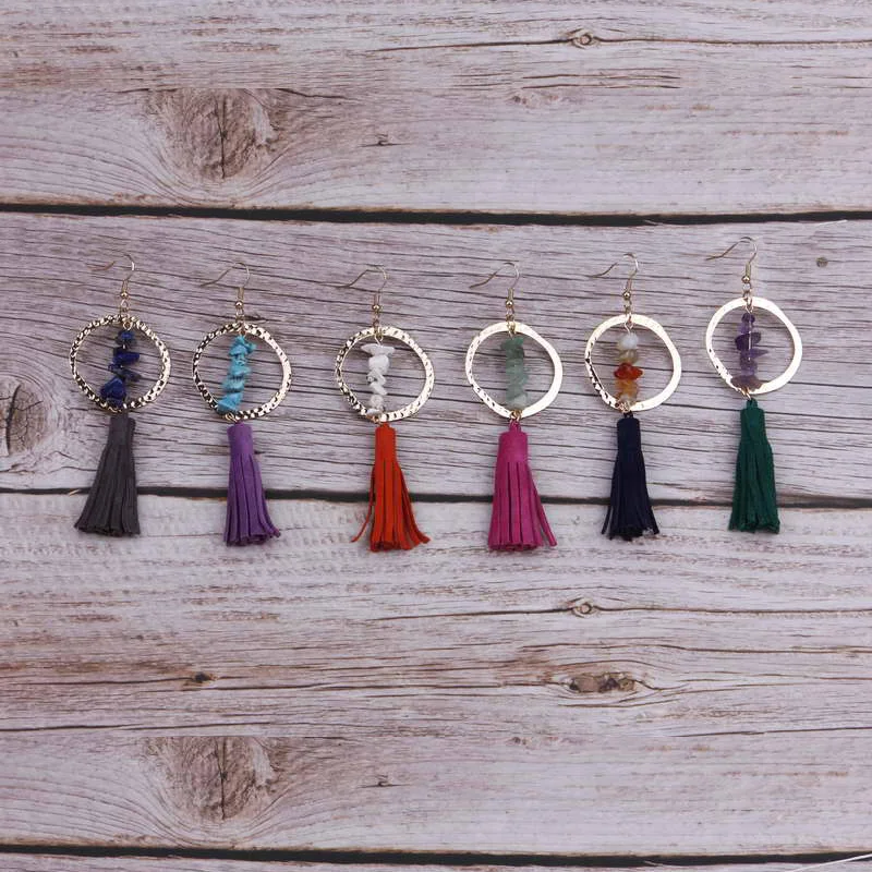 

Trendy Genuine leather Fringe Tassel Earrings Geometric Hollow Circle Alloy Naturel Stone Drop Earrings for Woman Jewelry