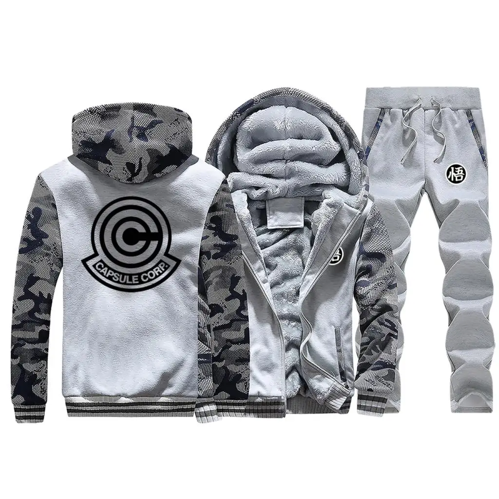 Light Gray 1 Аниме «Жемчуг дракона» Для мужчин толстые Флисовые толстовки чехол Capsule corp камуфляж Для мужчин Толстовка+ штаны, 2 предмета в комплекте, Saiyan Японская уличная одежда - Цвет: Light Gray 1