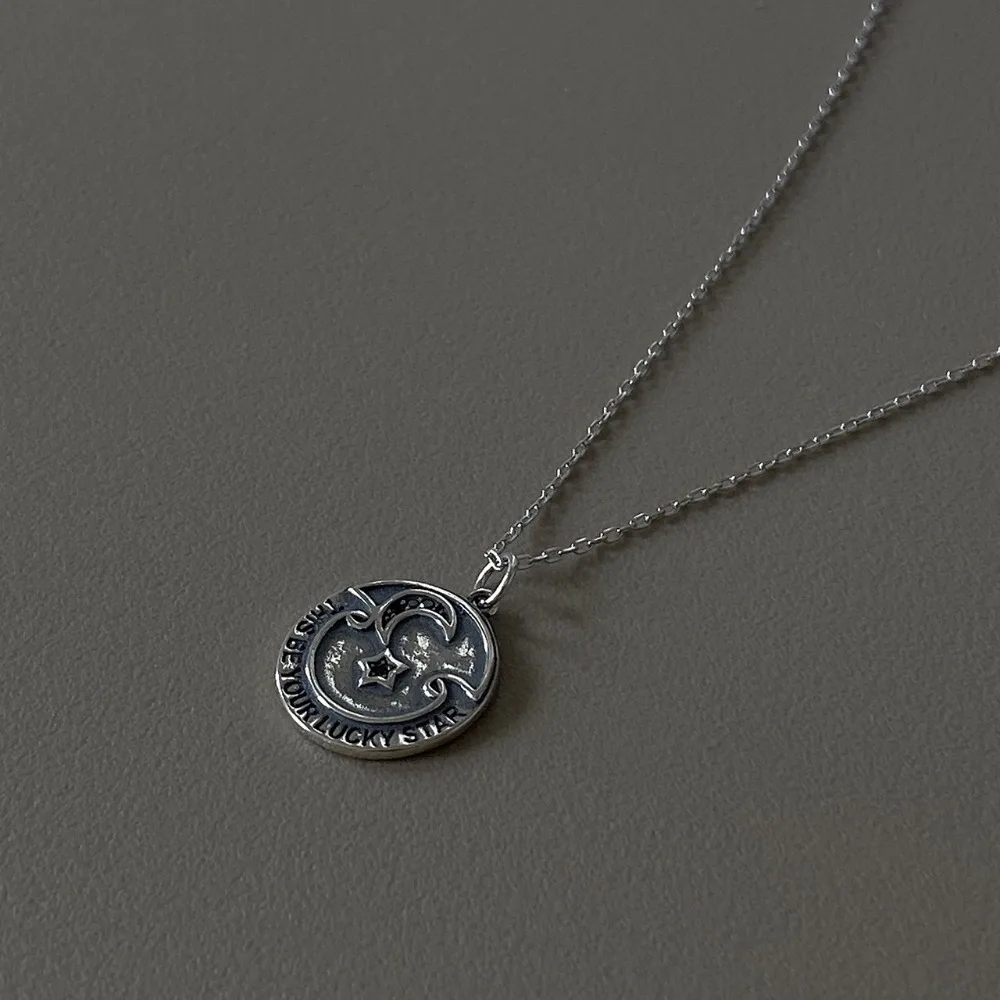 "this be your lucky star" personality Authentic 925 Sterling silver Black cz moon star Disc Coin Necklace PENDANR mom giftTLx574