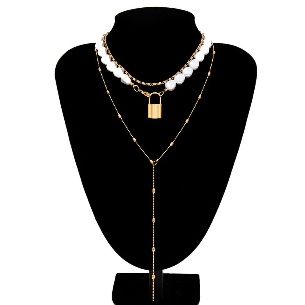 Necklace IngeSight. Z, 3 шт./набор, панк, многослойное, имитация жемчуга, колье, ожерелье, воротник, бохо замок, подвеска, длинная цепочка, ожерелье, женское ювелирное изделие - Окраска металла: Necklace