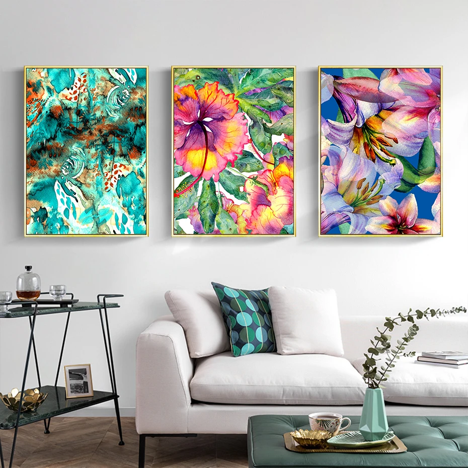 

Modern Abstract Watercolor Blue Pink Floral Canvas Painting Gallery Wall Art Poster Print POP Picture Living Room Home Decor