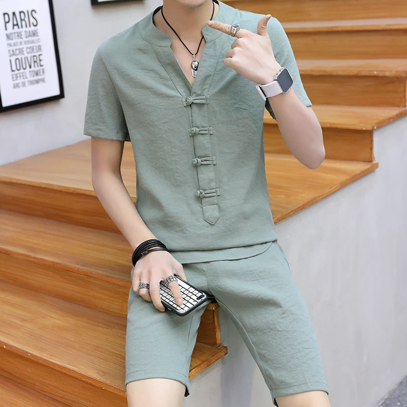 Summer Clothes Men 2 Pieces Sets VogueShorts And Short-sleeved Buckle T Shirt Men Breathable Slim Fit V Neck Linen Suits