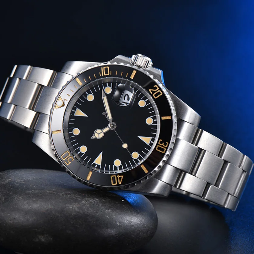 Sterile black orange nail surface men's automatic mechanical watch stainless steel color black ceramic ring