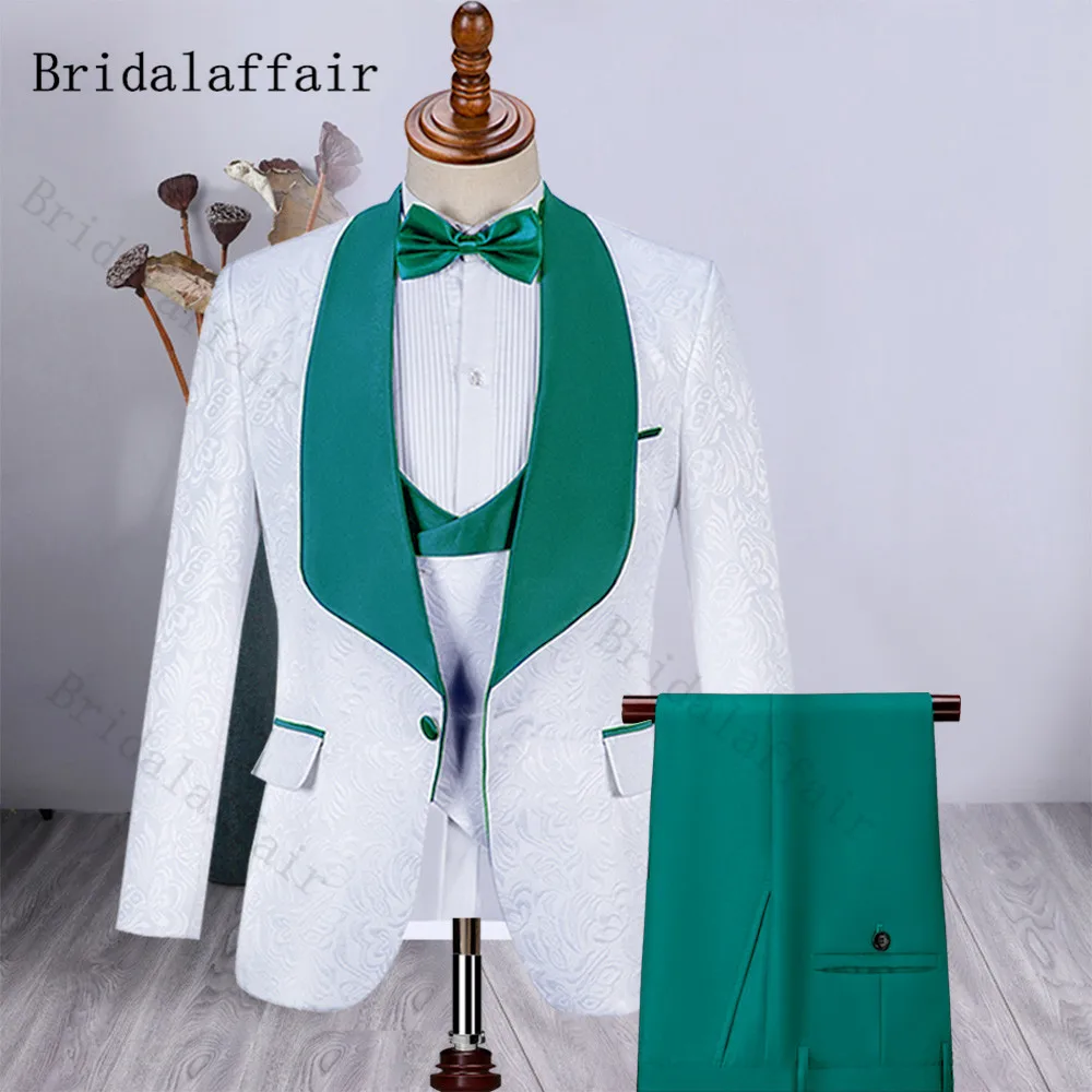 

Bridalaffair High Quality One Button White Jacqaurd Wedding Groom Tuxedos Shawl Green Lapel Groomsmen Mens Dinner Prom Suits