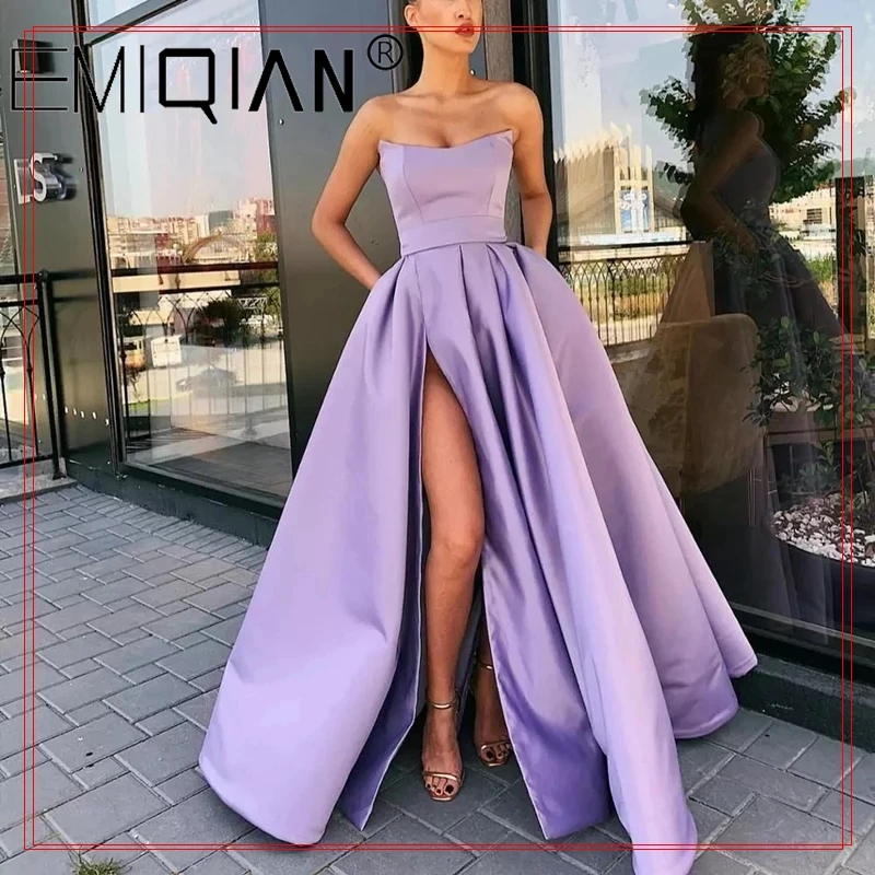 beautiful prom dresses Elegant Strapless Party Gown Satin Sexy Prom Dress Lilac High Slit Plus Size Prom Dresses Long vestido fiesta blue prom dresses