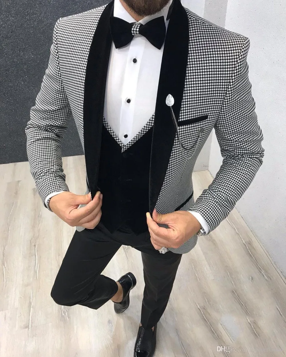 Elegant 3 Piece Men Suit 2019 Morning Dinner Party Prom Suit Houndstooth Groom Wedding Men Suit Blazer Slim Fit Best Man Tuxedo