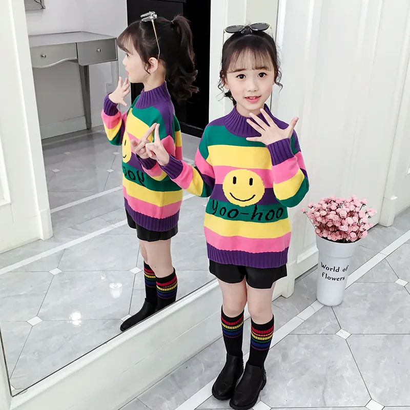 

Girls Rainbow Sweater 2019 New Style Western Style CHILDREN'S Garment Fall And Winter Clothes Brushed And Thick Base Shirt Littl