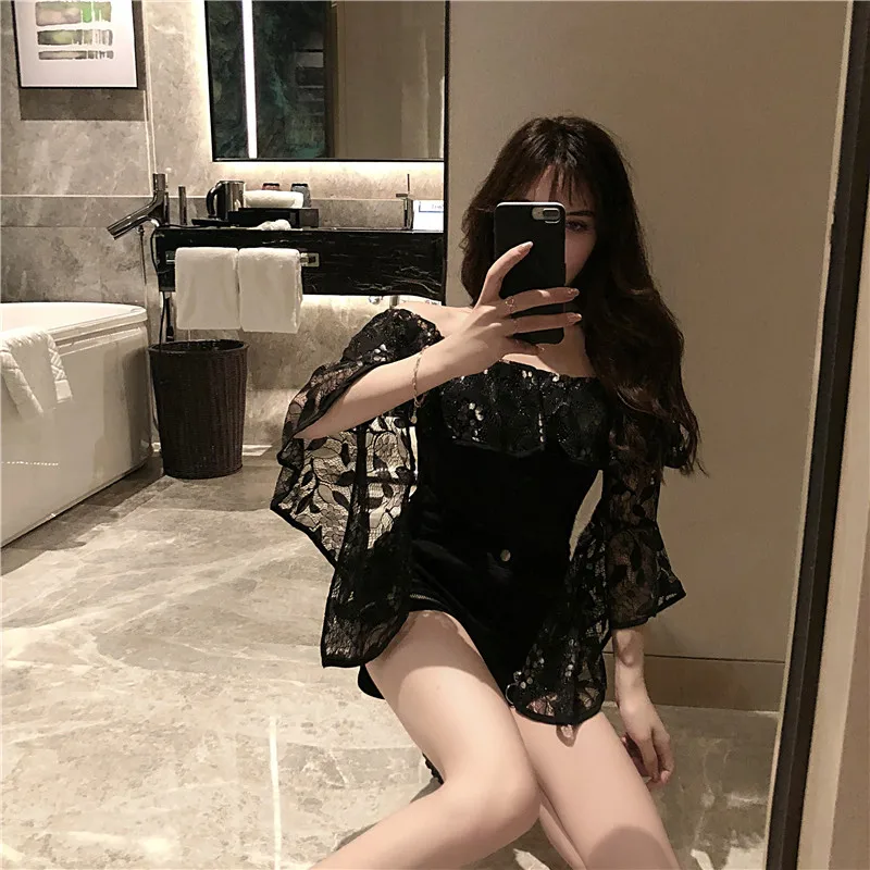 Кружева slash шеи blusas mujer de moda сексуальные оборки, открытые плечи топы Осенние стильные рубашки женские модные брендовые черные белые Новые