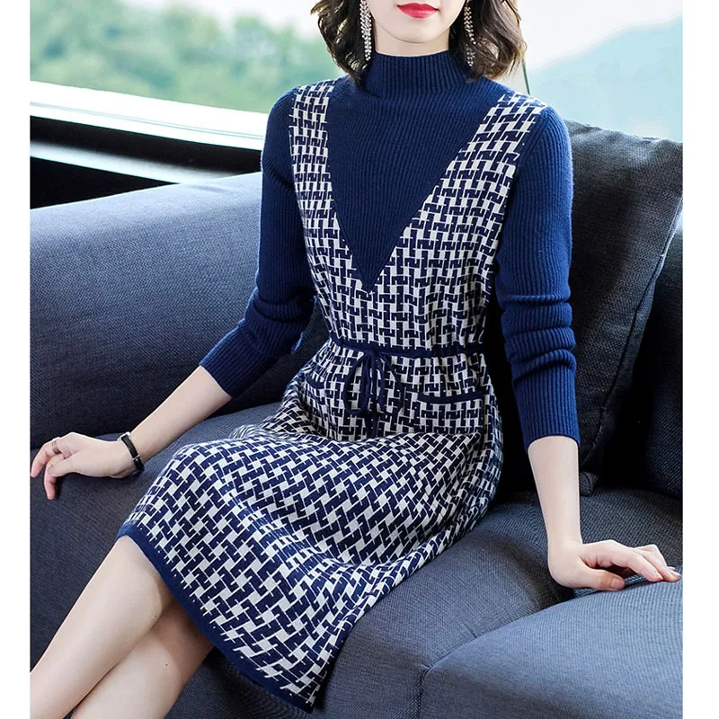 

Mock Two-Piece Dress Autumn And Winter Europe And America Korean-style Waist Hugging Slimming Plaid Long-sleeve Knitwear Base Sw