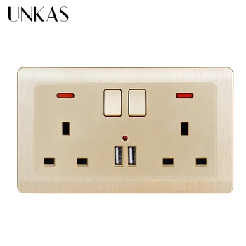 

UNKAS Wall Power Socket Double UK Standard Outlet Switched 2.1A Dual USB Charger Port LED Indicator 146mm * 86mm Gold
