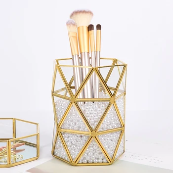 

Nordic Style Desktop Makeup Brush Holder Home Decor Container Organizer Display Rack Hexagon Cosmetic Storage Box Glass Fashion