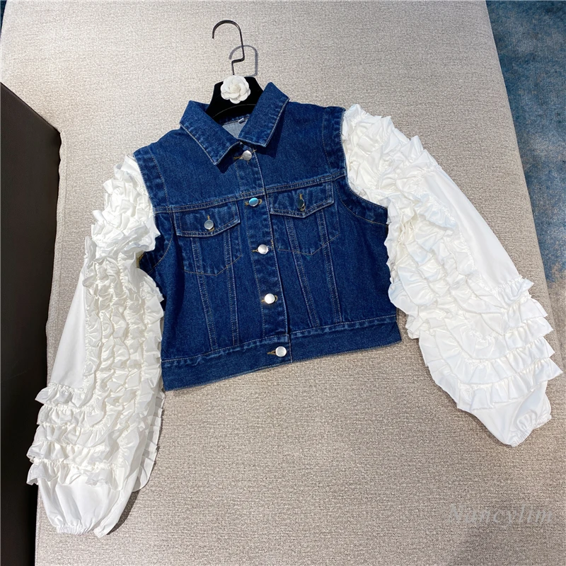 

Can Detachable Ruffles Lantern Sleeve Denim Shirt for Women 2021 Spring New Korean Style Short Ladies Top