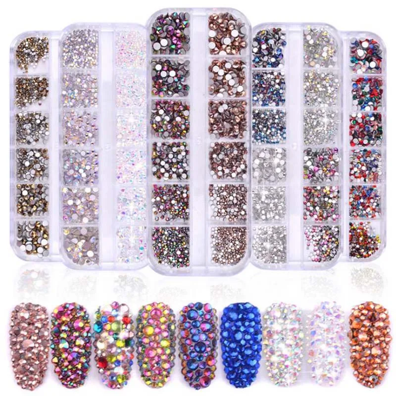 

1 Box Multi Size Glass Nail Rhinestones Mixed Colors Flatback AB Crystal Strass 3D Charm Gems DIY Manicure Nail Art Decorations