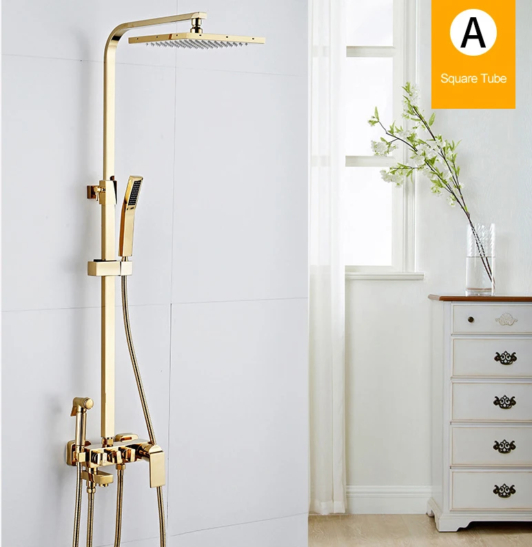 4 Speeds Shower System Bathroom Gold Set High Pressure Brass Sets Wall Mount Column Rainfall Square Head Showers Systems with Bath Tap K7 - Цвет: 4 Speeds