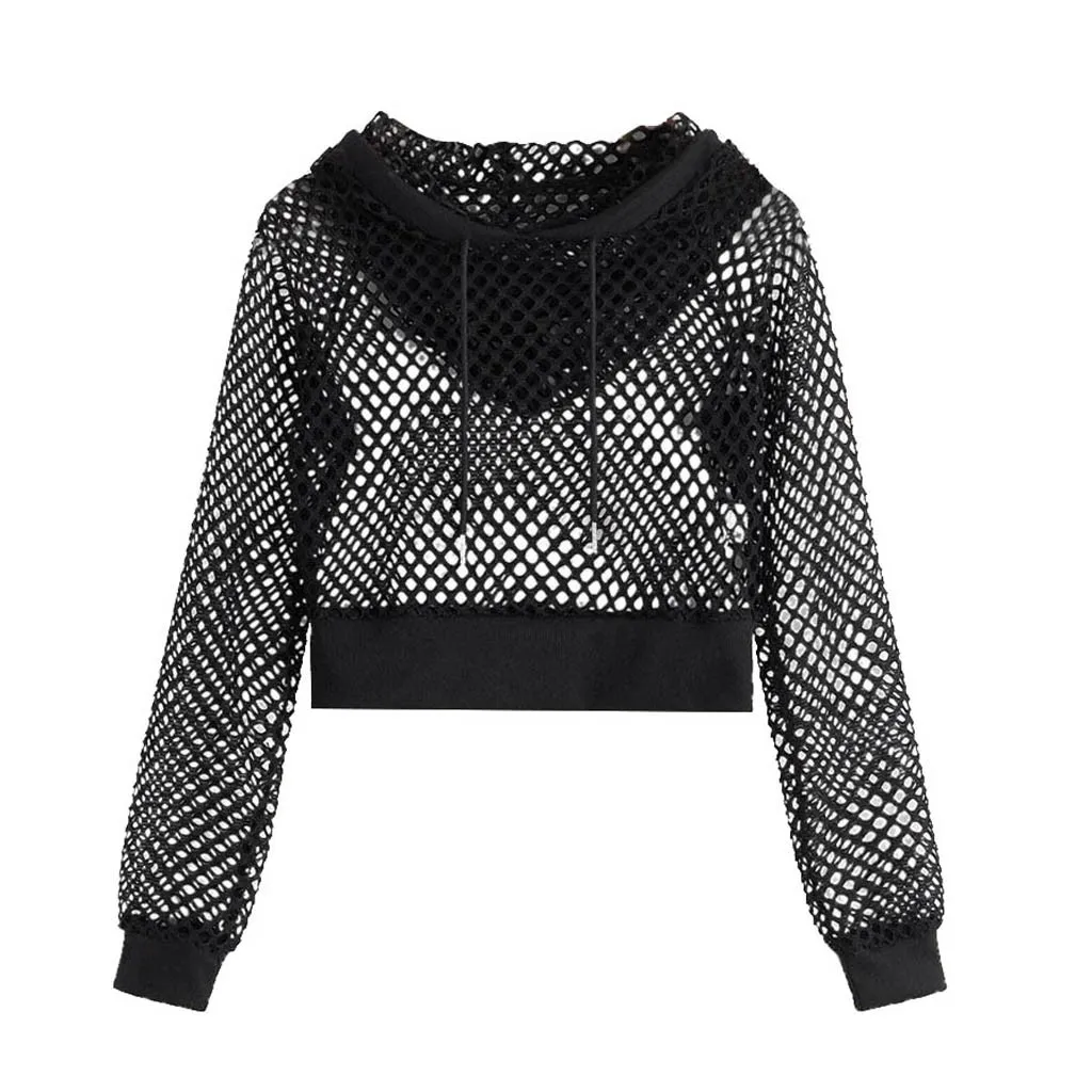 40* Women Cut Out Mesh Insert Cropped Hoodie Sweatshirt Punk Style Long Sleeve Crop Top Solid Leisure Streetwear Sweatshirts