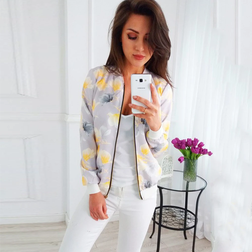 amazing Retro Floral Printed Short Jacket Woman Zipper Bomber Female Spring Outwear Casual Long Sleeve Wome