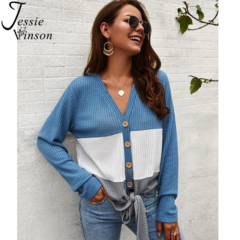 

Jessie Vinson Long Sleeve V Neck Tie Knot Knitted Blouse Shirt Women Color Block Casual Loose Tops and Blouses Ladies Top Winter