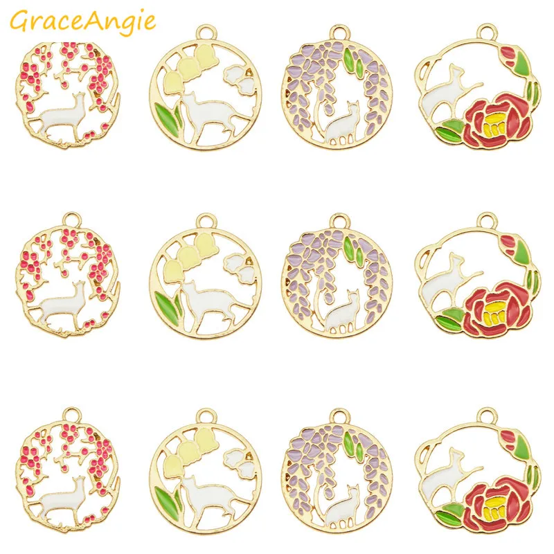 4pcs Round Alloy Charms For Earrings Cat Animals Necklace Pendants Metal Enamel Jewelry Making Flowers Keychain Gifts | Украшения и