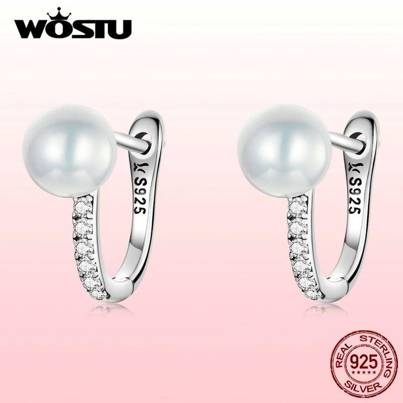 

WOSTU Silver Simple Shell Pearl Stud Earrings 925 Sterling Silver Hoops Earring For Women Ear Buckles Wedding Engagement FIE1288